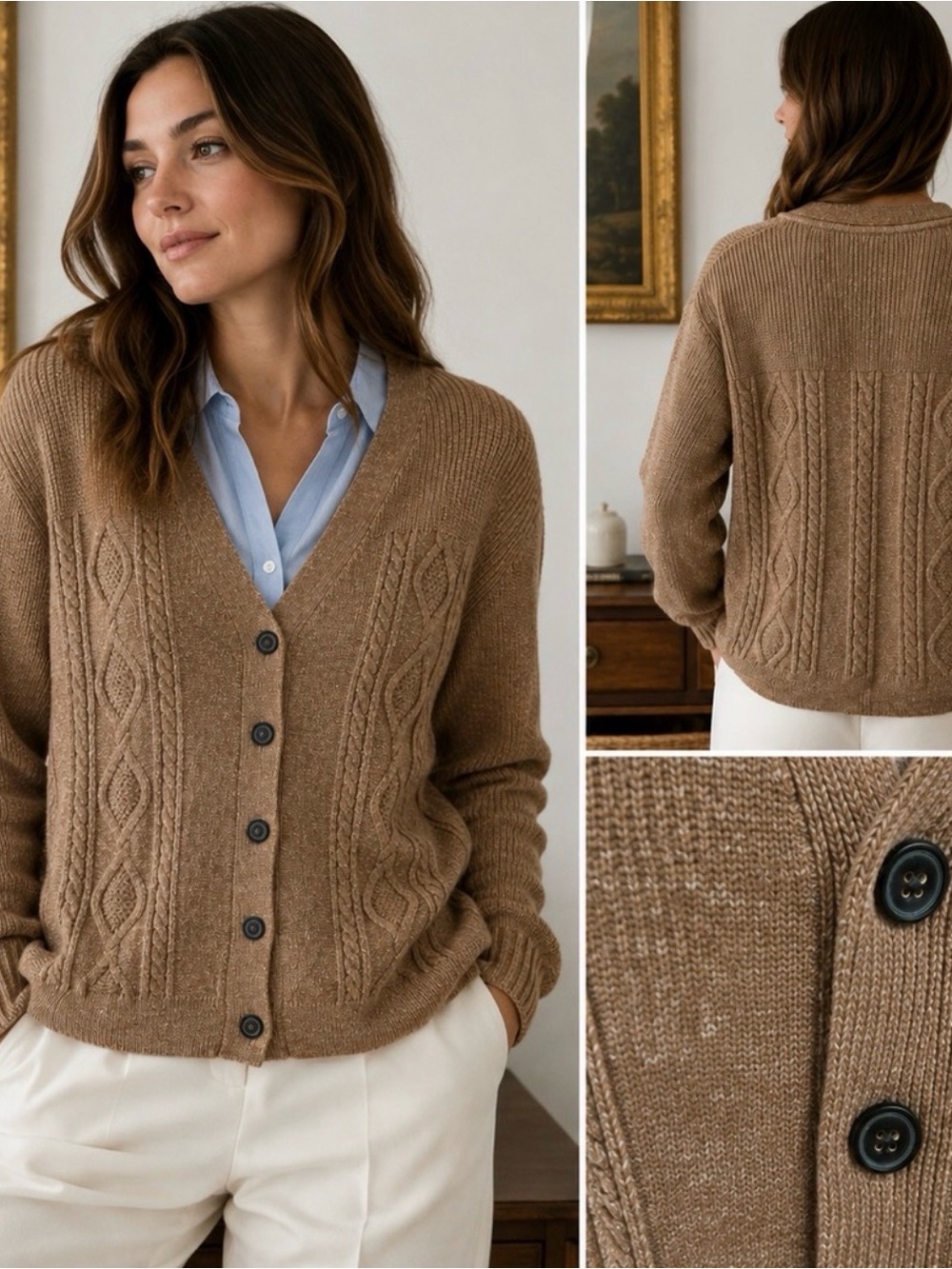 GAP womens Tan Cable-Knit Button Cardigan